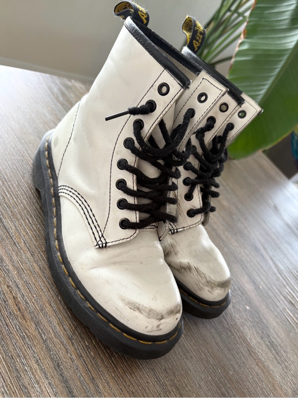 Dr. Martens White Leather 8-Eye Lace-Up Ankle Boots with Black Accents